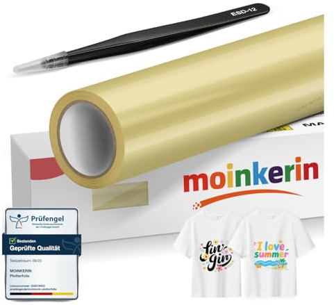 moinkerin Plotterfolie Textil Gold mit Pinzette 30,5x200cm | Haftstark & Waschbeständig für Kleidungs-DIY, T-Shirt, Hüte, Andere Stoffe | Iron On Folie für Schneidemaschinen
