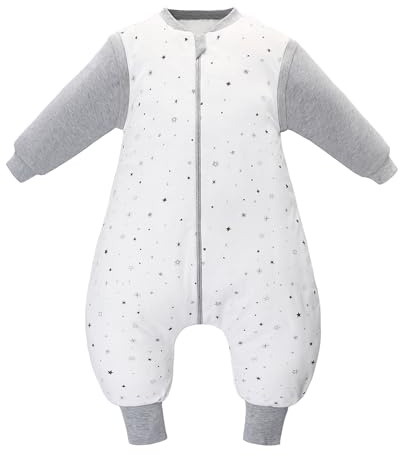 Miracle Baby Saco de Dormir para Bebé con Pies, Algodón 100%, 2.5 TOG Pijama Manta con Mangas Extraíbles para Niños, Unisex, Ideal para Otoño e Invierno, 2-4 años (Estrellas Grises)