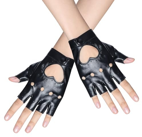 Hftjtsa Black Fingerless Gloves PU Faux Leather Dance Gloves Heart Cutout Punk Driving Performance Goth Cosplay Halloween