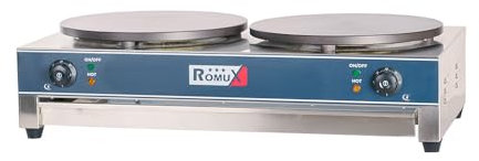 Romux® Crepera Profesional Doble Eléctrica de Sobremesa en acero inoxidable con 2 Placas de Hierro Fundido de 40 cm Ø | Crepera Industrial - 6000 W