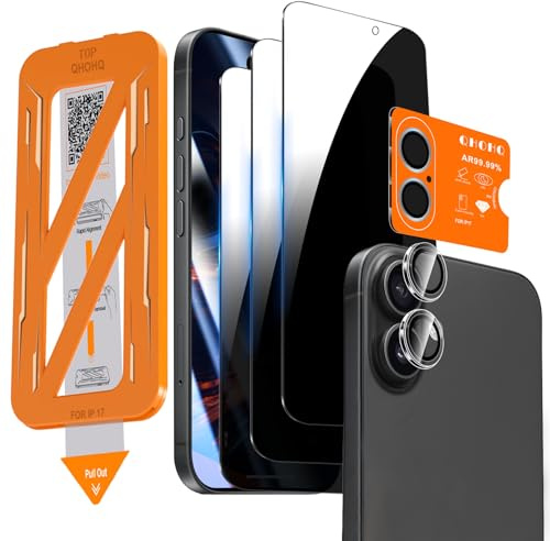 QHOHQ 3 Stück Sichtschutz für iPhone 17 für Panzerglas mit 1 Satz Kameraschutz, 25°Anti-Spy Glas Schutzfolie, 1-Sekunden Auto-Install, Anti-Kratzer, Anti-Fingerabdruck, Kompatibel mit Hülle
