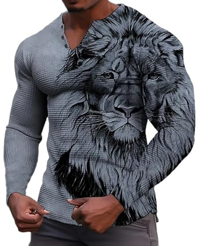 Namufeitrade T-Shirts Henley imprimés en 3D avec Motif Lion T-Shirts Vintage Oversize à Manches Longues et Boutons pour Hommes Vêtements pour Hommes