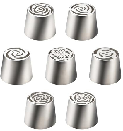 Fatiya Extra große russische Spritztüllen aus Edelstahl, für Zuckerguss, Blumen-Spritztüllen für Kekse, Gebäck, Zuckerguss, Creme, Backen, Cupcakes, 7 Stück