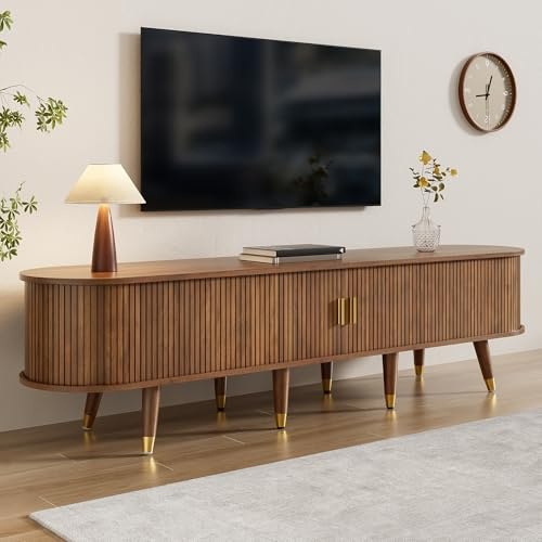 MSMOK Mueble de TV de 175 cm con puerta corredera de ratán, cajones y armario, efecto nogal, mucho espacio, estilo rústico, de MDF con compartimentos abiertos, para salón