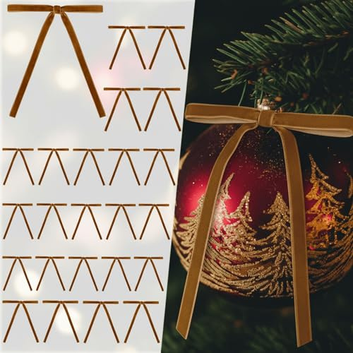 LynixTrade 24 Pcs Brown Velvet Bows for Christmas Tree Ribbon 5 x 7 inch - Multipurpose Velvet Christmas Bows for Tree and Gift Wrapping Secured with Gold Thread (Brown)