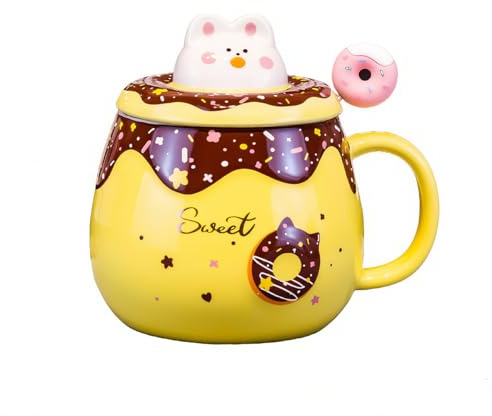 Bibykivn Tasse En Céramique Donut Cadeaux Pour Enfants Et Filles Céramique Comprend Un Couvercle Et Une Tige D'agitation 400 Millilitres Design Charmant Grande Tasse Mug Café Thé Confortable (Jaune)