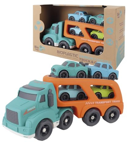 TACHAN - Camión Porta Coches Eco para Niños con 5 Coches - Vehículo Grande de Paja de Trigo Sostenible - Diseño Suave, Seguro y Resistente - Creativo (CPA Toy Group 703T01045)