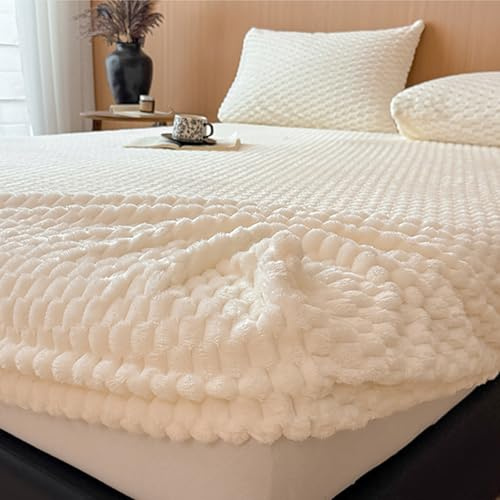 Sábana Bajera Ajustable, de Felpa Blanca Jacquard Ultrasuave y Mullida, con Bolsillo Profundo y Banda Elástica Integral de 360°, Calidez Acogedora Sin Desprendimiento-120 * 200cm