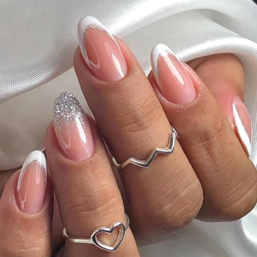 Virellay 24 Stück French Mandel Künstliche Fingernägel, Glitzer Nägel Zum Aufkleben, Full Cover Frazösisch Fake Nails, Falsche Nägel Einfache Anwendung für Frauen Maniküre(French Glitter)