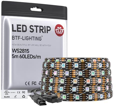 BTF-LIGHTING WS2815 (Upgraded WS2812B) LED Strip Light,UL Listed,16.4FT 300 LED/Pixels,Flexible Chasing RGB,Dual Signal Individually Addressable,5050SMD,3M Tape,DC12V IP65(No Adapter or Controller)