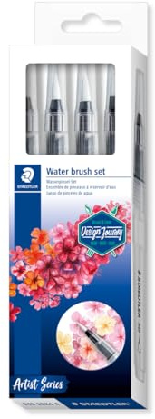 STAEDTLER 949-SBK4-C Wasserpinsel (zum Aquarellieren, Malen und Blenden, gleichmäßige Wasserabgabe, robuste Nylonspitze für Formstabilität, Set mit 4 verschiedenen Pinselspitzen) | Rund fein, medium, groß & Keilspitze, formstabiles Nylon – für Aquarell – Art.-Nr. 949-SBK4-C