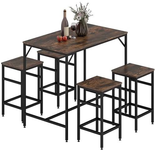 HOMCOM 5-Piece Breakfast Bar Table and Stools Set, Kitchen Bar Table Set with High Table and 4 Stools, Space Saving Compact Dining Furniture for Small Spaces, Rustic Brown