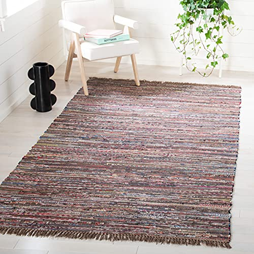 SAFAVIEH Rag Rug, Collection Area Rug - 5' Square, Rust & Multi, Handmade Boho Stripe Cotton, Ideal for High Traffic Areas in Living Room, Bedroom (RAR121E)