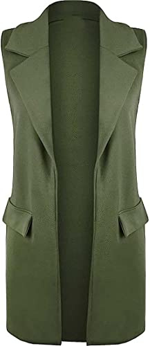 FAIRY TRENDZ Ladies Mock Flape Pockets Lapel Collar Duster Coat Jacket Womens Sleeveless Crepe Open Front Waistcoat Blazer