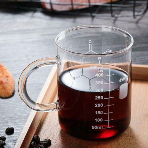 MOUMOUTEN Bicchiere da 450 Ml, Tazza in Vetro Borosilicato Trasparente, Bicchiere Per Caffeina Scienza a Bocca Larga con Manico E Scala di Misurazione, Tazza Chimica Per Tè E Caffè