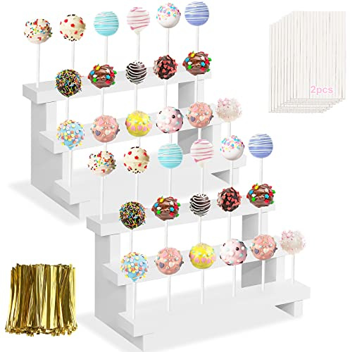 KHayRovies 2 Stück Cake Pop Ständer, Holz Weiß Cake Pop Verkaufsständer , Lollipop Halter 3-Stufig 17 Löcher mit Lutscher Sticks, Lutscher Ständer für Desserttisch Hochzeit Geburtstagspartye (C)