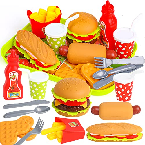 DERAYEE Küchenspielzeug Kinder Hamburger Spielzeug Set Fastfood Spielzeug Set Lernspiele Kinderspielzeug für Mädchen und Jungen ab 3 Jahre, DERAYEE-DE-DF597M1P1TQ