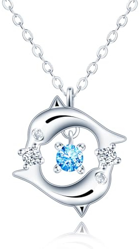 CONILOK Les Dauphins Jouer Colliers en Argent 925 pour Femmes Adolescentes Filles Amie Sœur Zircon Pendentif Collier Bijoux de Mode Anniversaire Noël Saint-Valentin Cadeaux pour Dame Couleur Bleu