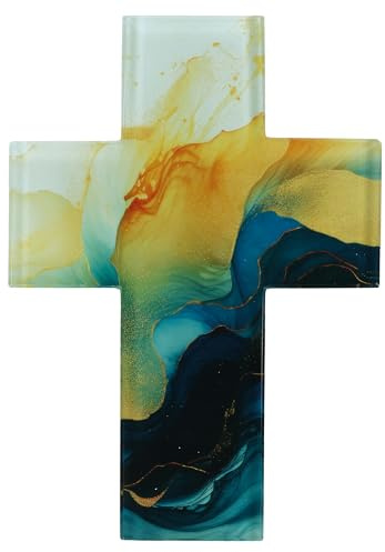 Butzon & Bercker Wandkreuz aus Glas - Modernes Kreuz in Blau & Gold | Edles Glaskreuz im Format 17,7 x 12,5 cm - Christliches Geschenk zur Taufe, Kommunion, Firmung oder Konfirmation
