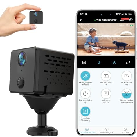 Easick 3MP Mini Kamera Überwachungskamera Innen,IP Kamera Akku hält Lange,24/7 Live Kleine WLAN Babyphone Haustierkamera,Nachtsicht,PIR-Bewegungserkennung,Cloud/SD Storage