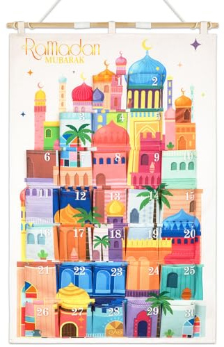 HOWAF Calendario Ramadan Decoracion Fieltro, Ramadan Calendario Adviento para Rellenar, Calendario de Adviento de Tela con 30 Bolsillos para Eid Mubarak Decoración Ramadan Mubarak, Multicolor, 10X10CM