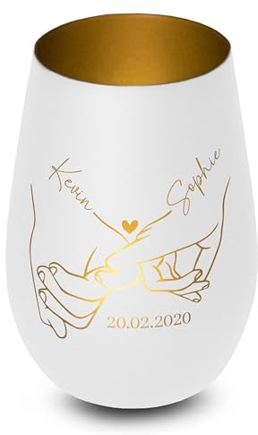 Elegantes personalisiertes Windlicht aus Glas in Weiß-Gold Haltende Hände - Liebesgeschenk für Paare mit Gravur, Name