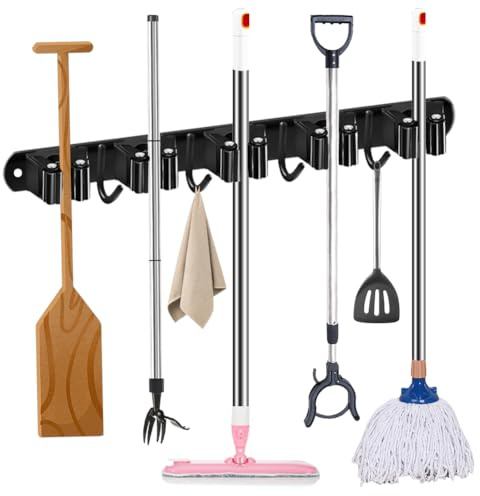 Besenhalterung Wand,mit 5 Halter + 4 Haken Edelstahl gerätehalter,Gartengerätehalter Besenhalter Mopphalter Selbstklebend Werkzeughalter Wandhaken ohne Bohren für Garten Garage