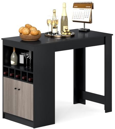 LIFEZEAL Tavolo da Bar, Mobile Bar, Alto, Moderno, con 2 Ante, 5 Portabottiglie, Spazio di Stoccaggio Classificato, Tavolino da Pranzo, Colazione, Bancone, Penisola Cucina, Legno, 120x60x91,5cm, Nero