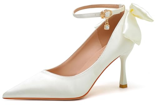 Scarpe da Sposa in Seta con Fiocco Posteriore & Pendente Cristallo 5cm Tacco A Spillo Raso Suola Antiscivolo per Matrimonio,Bianca,37 EU