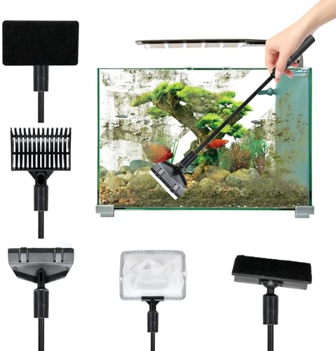 TTIAYAO Kit de Limpiador para Peceras Herramientas de Limpieza de Acuarios 5 en 1 Limpieza Acuario con Raspador de Algas Red Esponja de Limpieza Rastrillo de Grava