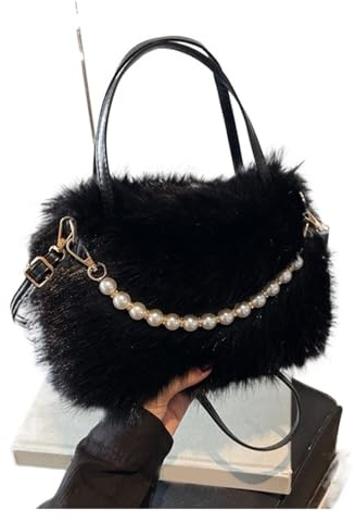 Fluffig tygväska pärlhandtag dam plysch crossbody väska bärbar handväska vintermode ledig axel, En storlek