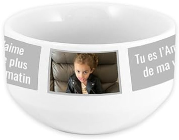 Bol personnalisable avec 3 photos et 2 messages – Céramique 720 mL – Cadeau personnalisé original – Compatible lave-vaisselle et micro-ondes