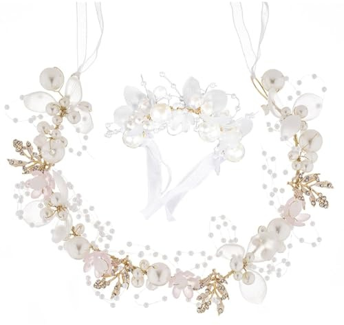 Luxorium Bijoux de tête Communion fille Set de 2 Couronne de fleurs blanche avec bracelet pour mariage Perles Couronne cheveux Femme Festif