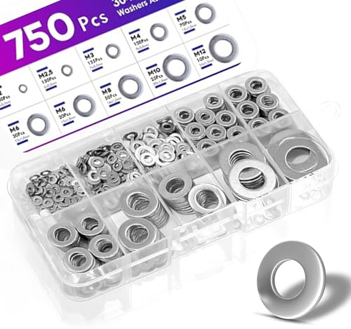 750PCS Washers for Screws, 9 Sizes (M2, M2.5, M3, M4, M5, M6, M8, M10, M12) Assorted Flat Metal Washers for Repair, DIY Projects and Automotive