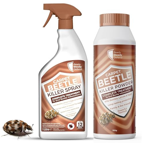 Carpet Beetle Killer Bundle - 1L Spray & 300g Powder Complete Treatment for Carpet Beetles Larvae and Eggs Indoor Use for Carpets Rugs Furniture Skirting Boards Cracks Crevices and Hard to Reach Areas