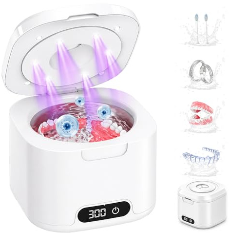Ultrasonic Retainer Cleaner, 49kHz Dental Cleaning Pod 340ML Ultrasonic Cleaner for Retainer, Dentures, Aligners, Mouth Guards, Night Guards, Toothbrush Heads, Jewellery & All Dental Appliances