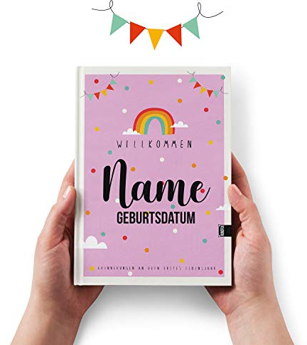 Rundfux® Babyalbum für das erste Lebensjahr in Rosa Mädchen | Personalisiert mit Namen des Kindes und Geburtsdatum - Geschenkidee Geburt