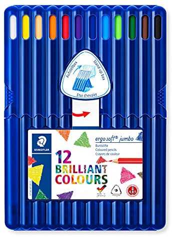 STAEDTLER dicke Buntstifte ergo soft jumbo, erhöhte Bruchfestigkeit, dreikant, ABS-System, rutschfeste Soft-Oberfläche, 12 Buntstifte in der aufstellbaren STAEDTLER-Box, 158 SB12