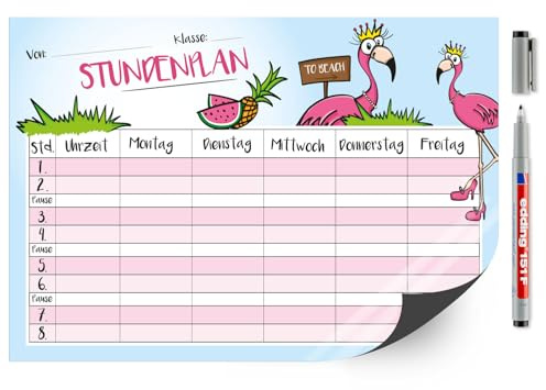 younikat Stundenplan abwischbar magnetisch Flamingo - DIN A4 - dv249 | Wiederbeschreibbar, Digitaldruck, Whiteboard-Oberfläche, magnetischer Rückseite, zum Schulanfang, Einschulung, inkl. Stift