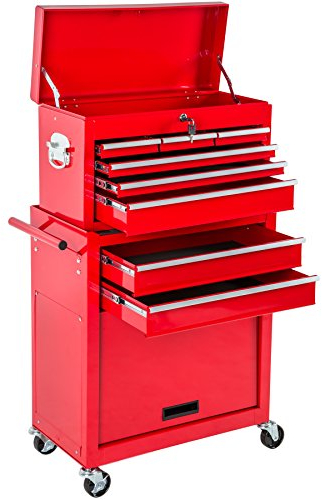 tectake Werkstattwagen Trolley mit Kofferaufsatz, Werkzeug Wagen abschließbar, 10 Fächer, Mobile Werkbank ohne Werkzeug, aus Stahl, Rollen mit Bremsen, Werkzeugwagen leer, Werkzeugschrank - rot