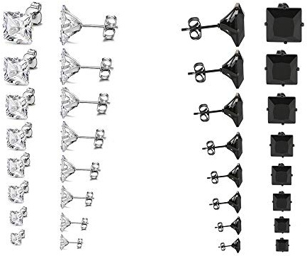 JewelryWe Schmuck 8 Paar Quadrat Zirkonia Edelstahl Ohrstecker Gestüt Ohrringe für Herren Damen, Schwarz/Silber 3mm-10mm