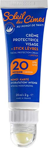 SOLEIL DES CIMES | Combo Crème Solaire Protectrice Visage + Stick Lèvre SPF20 - Ski, Sports d'Hiver et Montagne - Monoï de Tahiti et Karité - Protection et forte Hydratation
