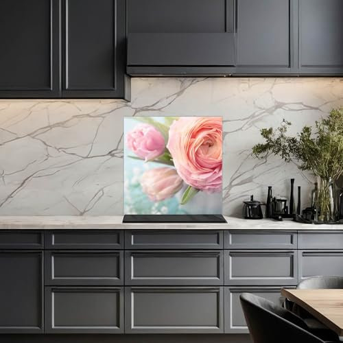 banjado Küchenrückwand Glas ohne Bohren 60x60cm – Glasrückwand Küche mit Motiv Rosa Tulpe/Spritzschutz Küchenrückwand Glas/selbstklebende Küchenrückwand Platte - magnetisch & beschreibbar