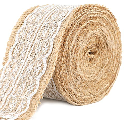 JijAcraft Juteband Vintage Spitzenband 5M x 6CM Mit Spitze Weiß Breit Natürliche Jute Band Rolle für DIY Handwerk Deko Hochzeit Party Wohnkultur