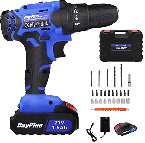 Akkuschrauber 21V Akku Bohrmaschine, 26 PCS Akkuschrauber Set mit 1 Akku Bohrschrauber, LED-Licht und Koffer, 45Nm Akku Schrauber 25+1 Akku Schraubendreher, für Haus und Garten DIY Projekt Blau