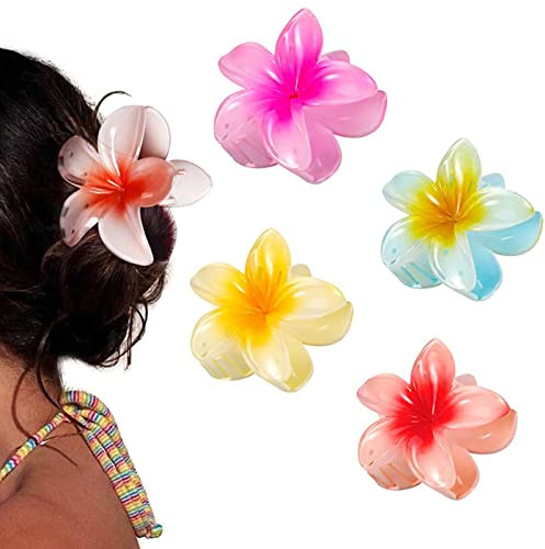 YIHECWY 4 Pieces Plumeria Flower Hair Claw Clips Acrylic Hair Jaw Clips Hawaiian Hair Claw Clips Jaw Clip Barrettes Strong Hold Hair Jaw Clamps for Women and Girls, Pack of 1