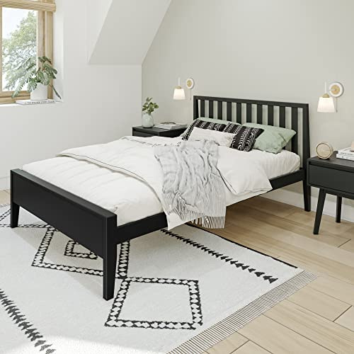 Max & Lily Full Bed, Scandinavian Modern Bed for Kids, Solid Wood Twin Bed Frame with Slatted Headboard, No Box Spring Needed, Black