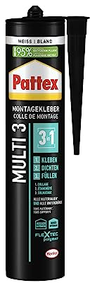 Pattex Montage Multi 3, 3in1 Montagekleber, starker Kraftkleber für fast alle Materialien*, wetterbeständiger Baukleber für innen und außen**, weiß, 1x390g Kartusche