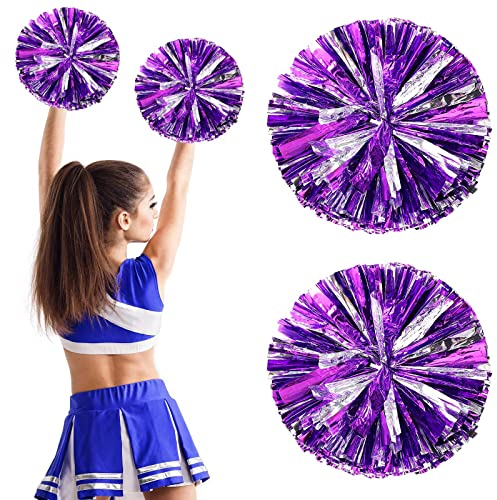 2 Stück Cheerleading Pompoms, Metallisch Cheerleading Pompons zum Kinder, Cheerleader Pompons Handblumen Sport Squad Cheer Accessories Spirit Cheering Pom für Spiele Sport Wettbewerb (Lila & Silber)