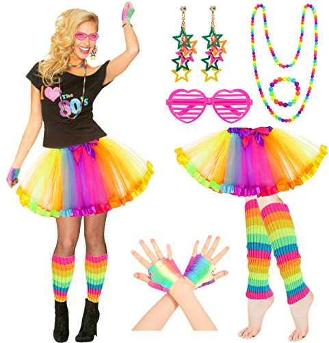 Hifot 80er Jahre Outfit Damen Accessoires,Kostüm 80er Jahre Retro Neon Tutu Brille Netzhandschuhe Ohrring Halskette Armband für 80er 90er Party Faschingskostüme